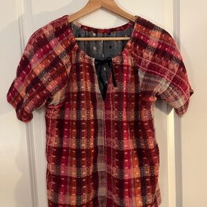 Ace & Jig Red Plaid Peasant Tunic with Pink and Orange Accents